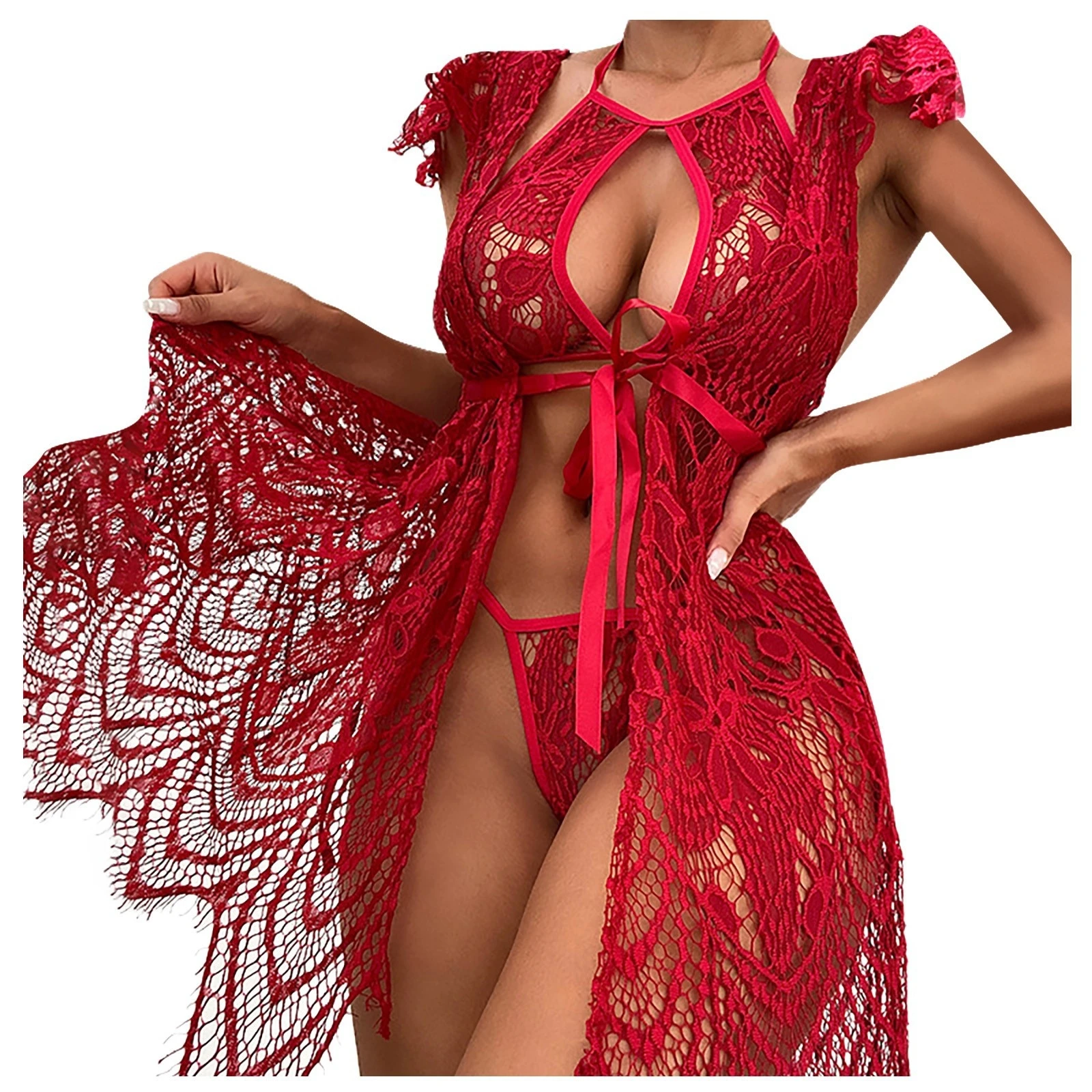 

Red Color Lace Transparent Sleepdress Nightgown Women Intimate Sleepwear Robe Hollow Out See Through 3 Pieces Nightwear