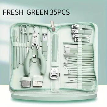 Set manicure verde primavera 35 pezzi tagliaunghie tagliaunghie pedicure pinze per pelle morta strumenti con custodia portatile 1
