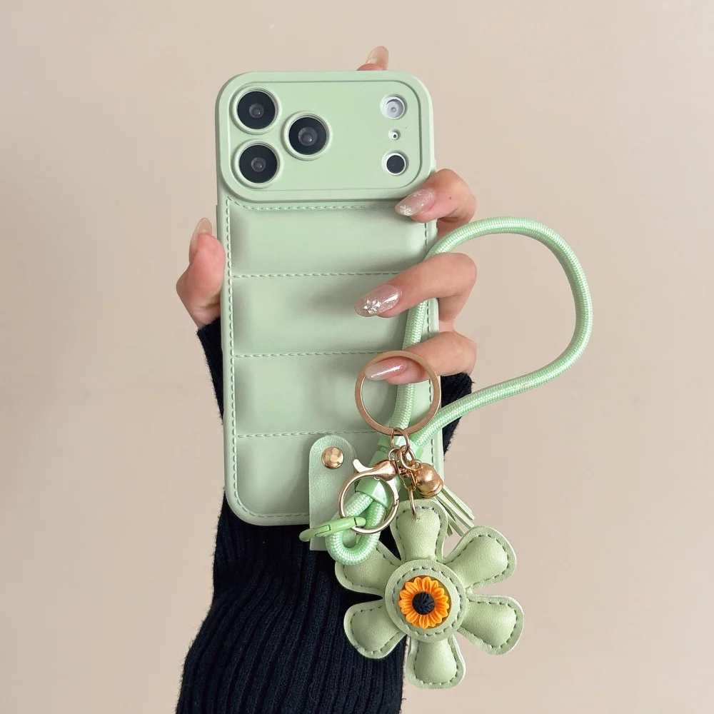 Sunflower Wrist Lanyard Luxury Down Jacket PU Leather Phone Case