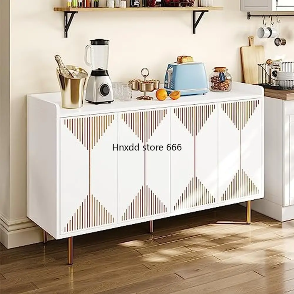 Sideboard et Cabinet Modern Design Carved Doors Storage Hallway TV Stand White 4-Door Large Shelves Accent Organizer