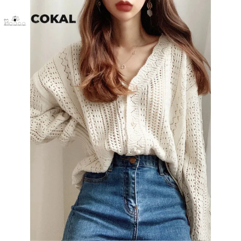 

COKAL Korean fashion V-neck women sweet cardigan elegant knit sweater lazy cardigan sexy hollow