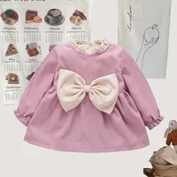 Winter Baby Girl Fleece Dress Bow Soft Standing Neck Solid Color Thickened And Warm Retro Baby Dress 2