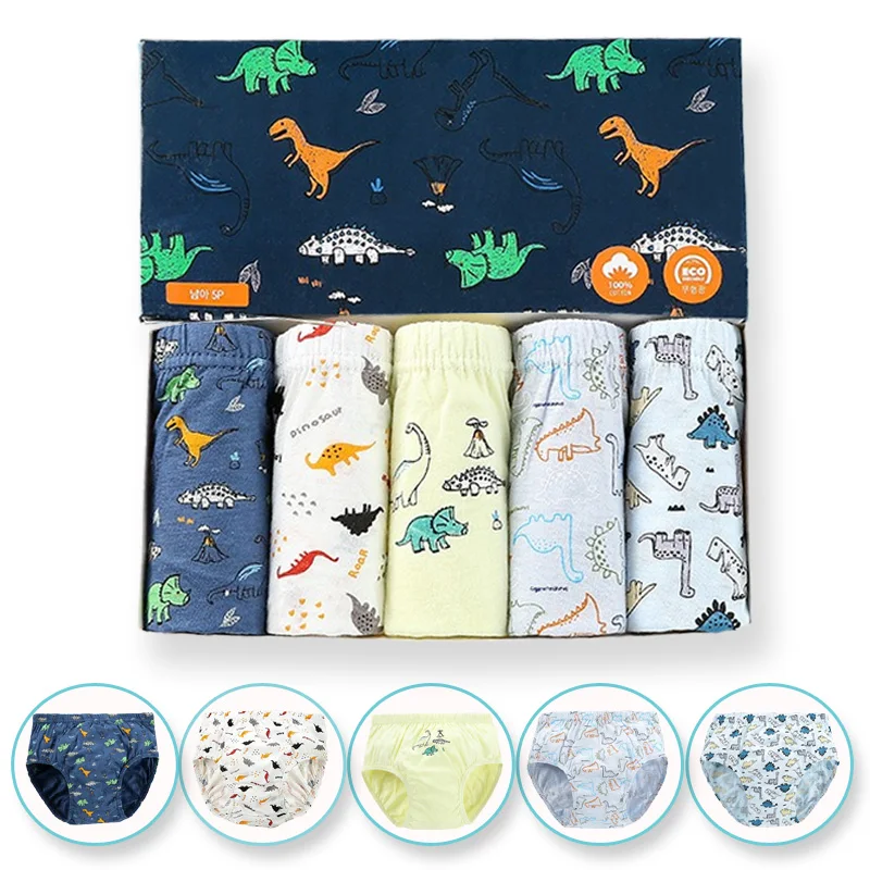 5 Paquete/Caja Nuevas Calzoncillos de Dibujos Animados Dinosaurio para Niños Algodón Ropa Interior Infantil Pantalones Niños Calzoncillos Triangulares Transpirables Briefs para Niños