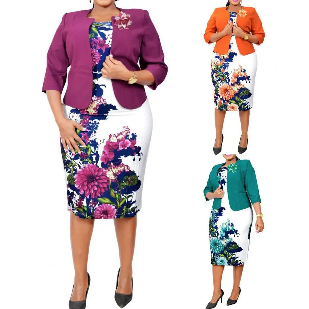 

African Clothes O-neck Intellectual Women Dress Coat Set Two Piece Set Solid Color Blazer Floral Print Dress Outwear