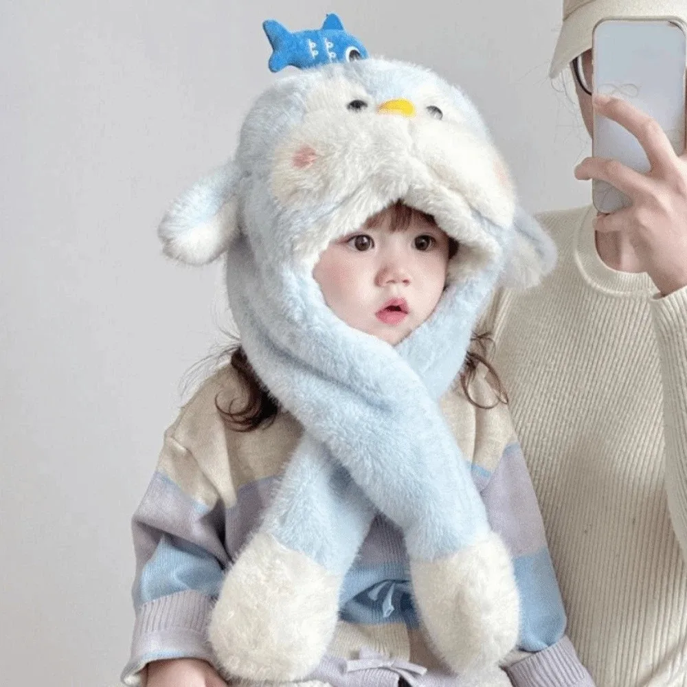 Cute Fluffy Ear Protection Cap Solid Color Windproof Children Pullover Cap Warm Fleece Lined Cartoon Penguin Hat Outdoor Sport