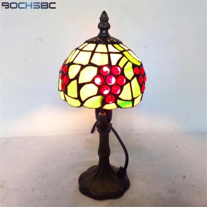 

BOCHSBC Tiffany Desk Lamp Dragonfly Grape Multi Colorful Stained Glass Table Light Classical Art Flower Home Decor Nordic Light