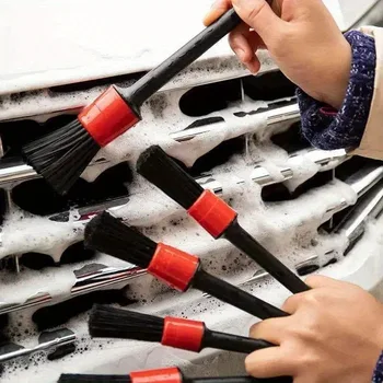 5PCS Nylon Car Detailing  Brush  Set Black  Red For Dashboard Vents Wheels Durable Plastic Handle No Power Needed Cleaning Tools