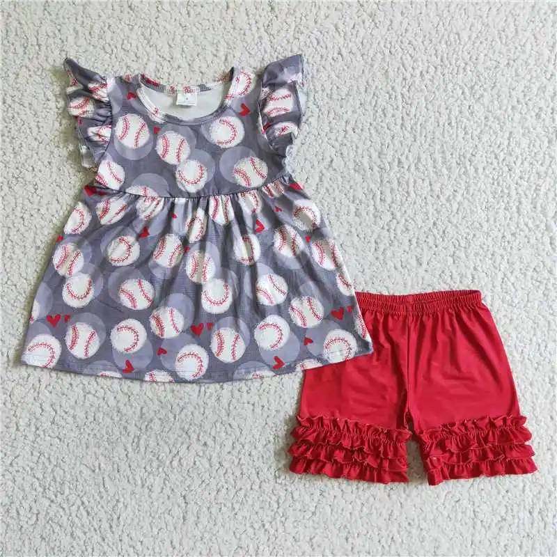 

2022 летняя модная серая бейсбольная рубашка RTS с коротким рукавом для маленьких девочек, красные брюки, детская одежда, оптовая продажа, бутиковая одежда, горячая распродажа