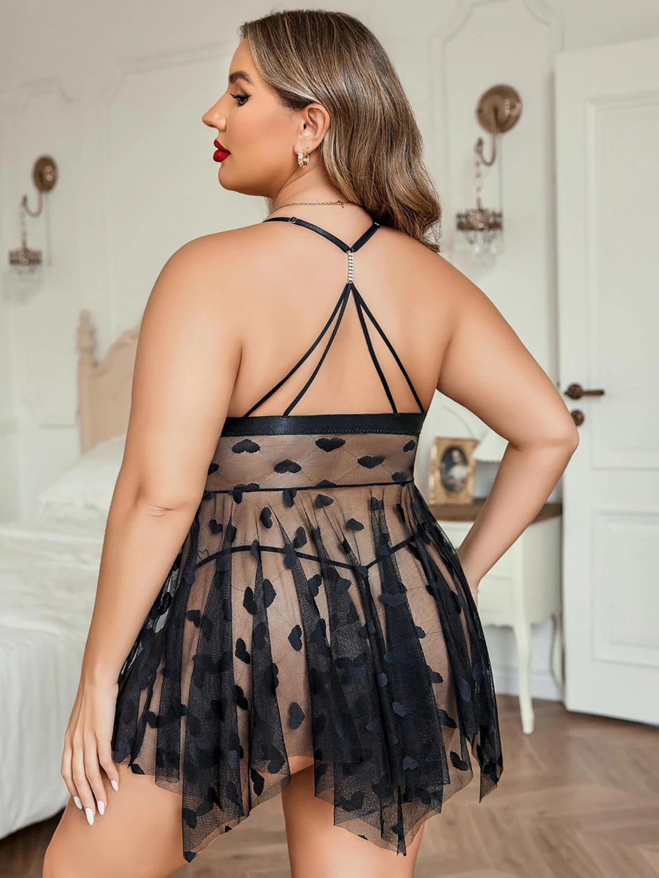 Plus Size Babydoll shown from another angle with loose mini silhouette and soft mesh