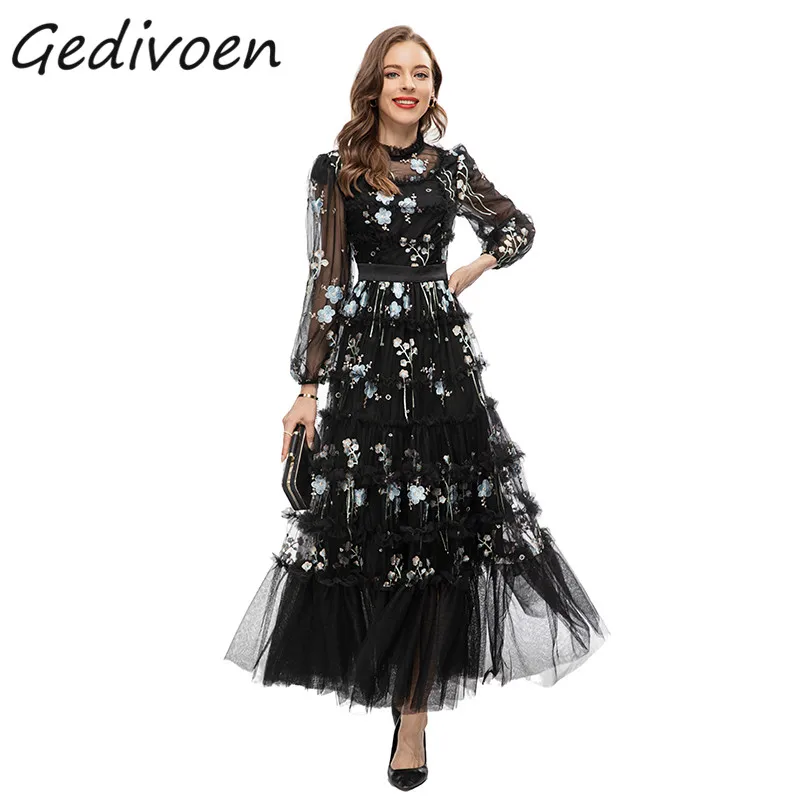 

Gedivoen Summer Fashion Runway Vintage Black Mesh Dress Women O-Neck Embroidery Ruffles Splicing Gathered Waist Loose Long Dress