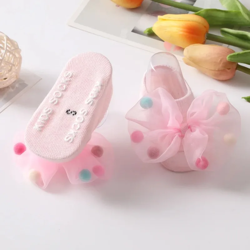 Baby Girl Home Short Socks Lace Bow Infant Anti Slip Trampoline Socks Newborn Princess Ankle Children Floor Shoes