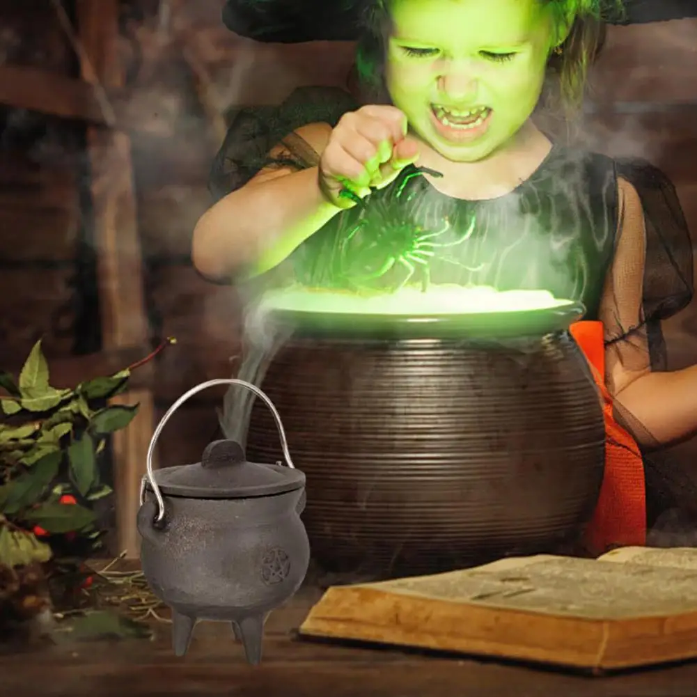 

Halloween Witch Pot with Lid Heat-Resistant Portable Incense Burning Mini Cast Iron Cauldron Party Decoration