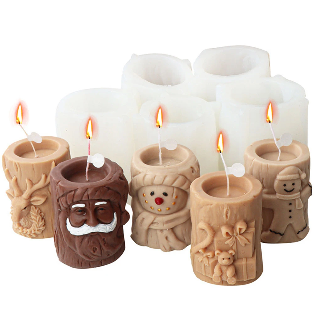 Bearded Santa Claus Deer Stump Silicone Candle Mold Gingerbread Snowman Cylinder Plaster Candlestick Making Gift Christmas Decor