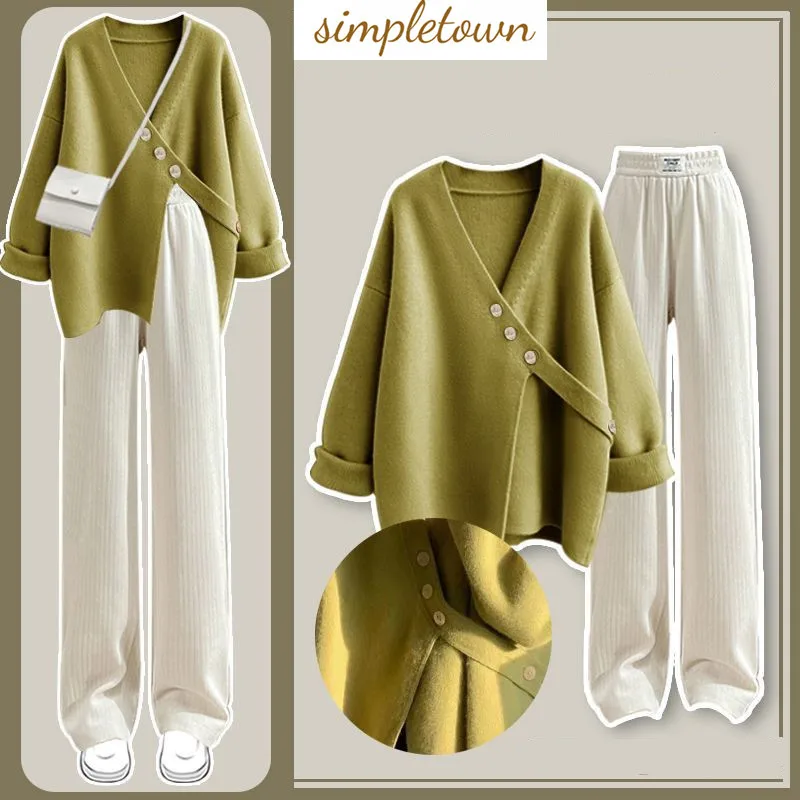 

Side Button Long Sleeve Knitted Sweater Casual Flocking Wide Leg Pants Two Piece Elegant Women's Pants Set Winter Outfit
