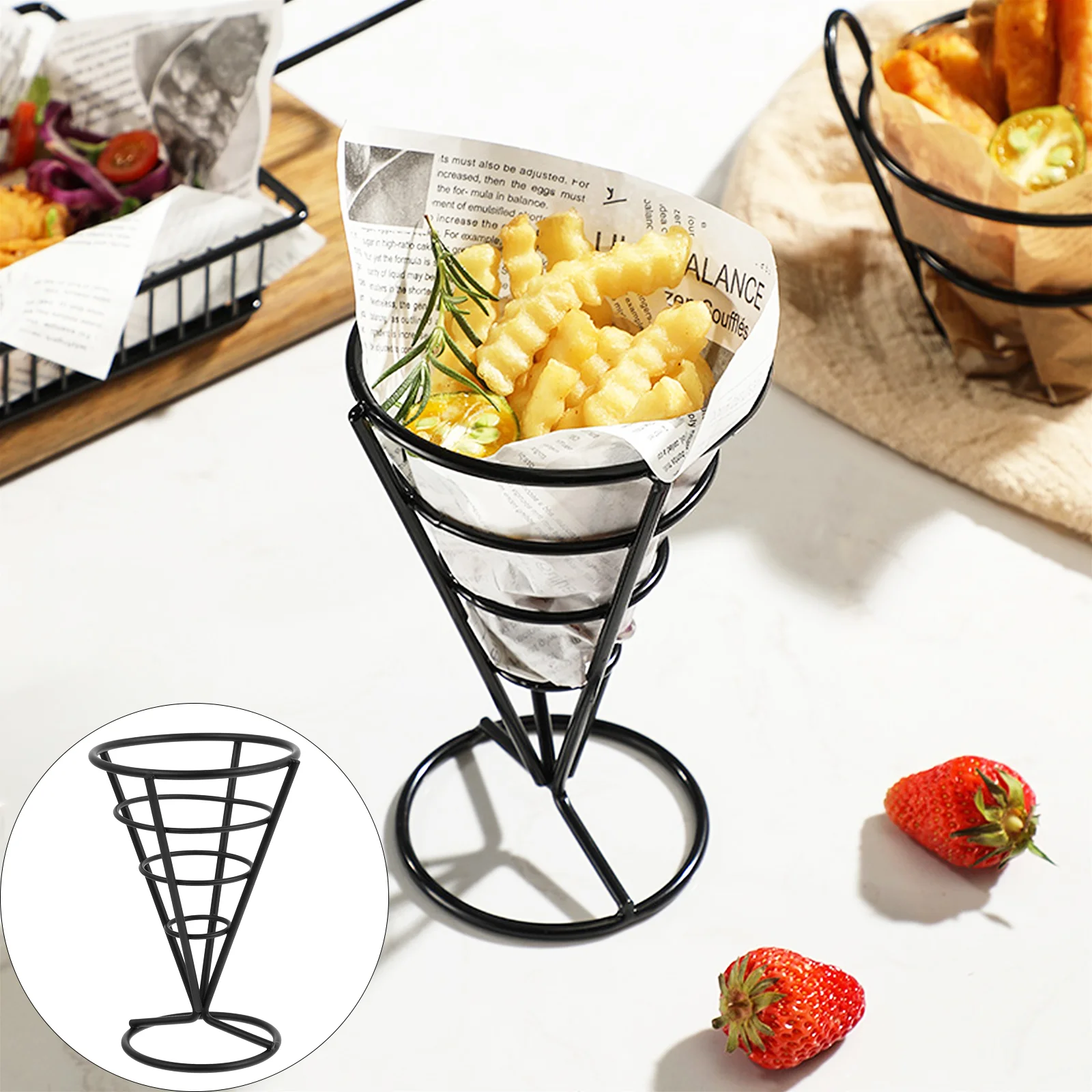Black Iron French Fries Stand Snack Basket Holder Dinnerware Sets Fry Bracket Cone Basket Kitchen Dining Bar Food Containers