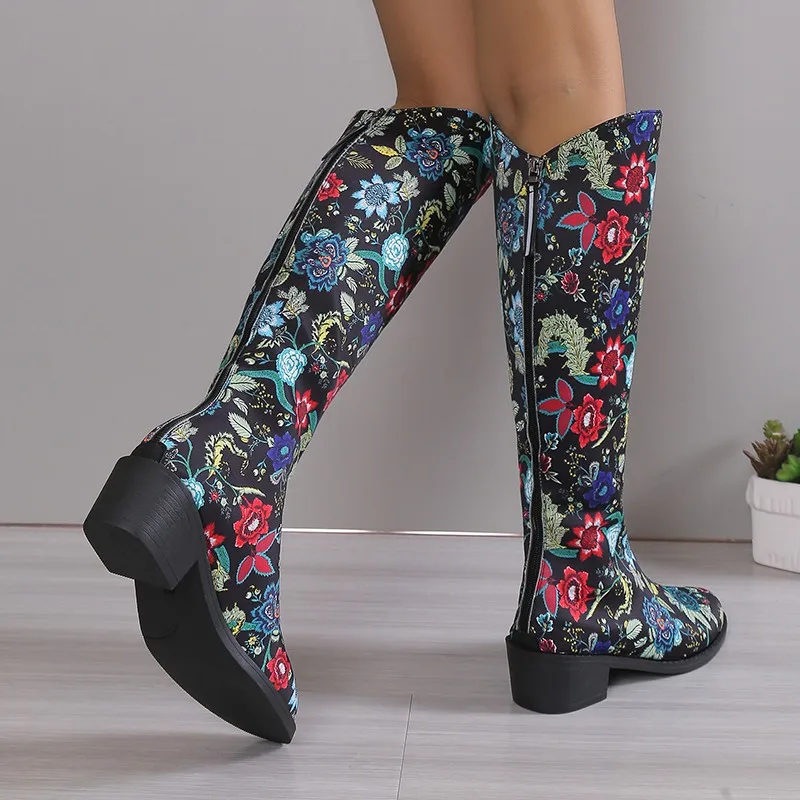 Winter Shoes for Female Back Zip Print Women's Knee-High Boots Square Heel Pointed Toe Women's Shoes Med Heel Sweet Ladies Boots