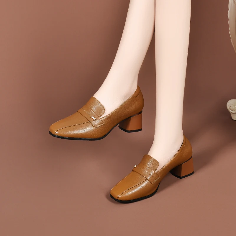 

2023 Autumn Winter New British style soft leather thick heel shoes 1113