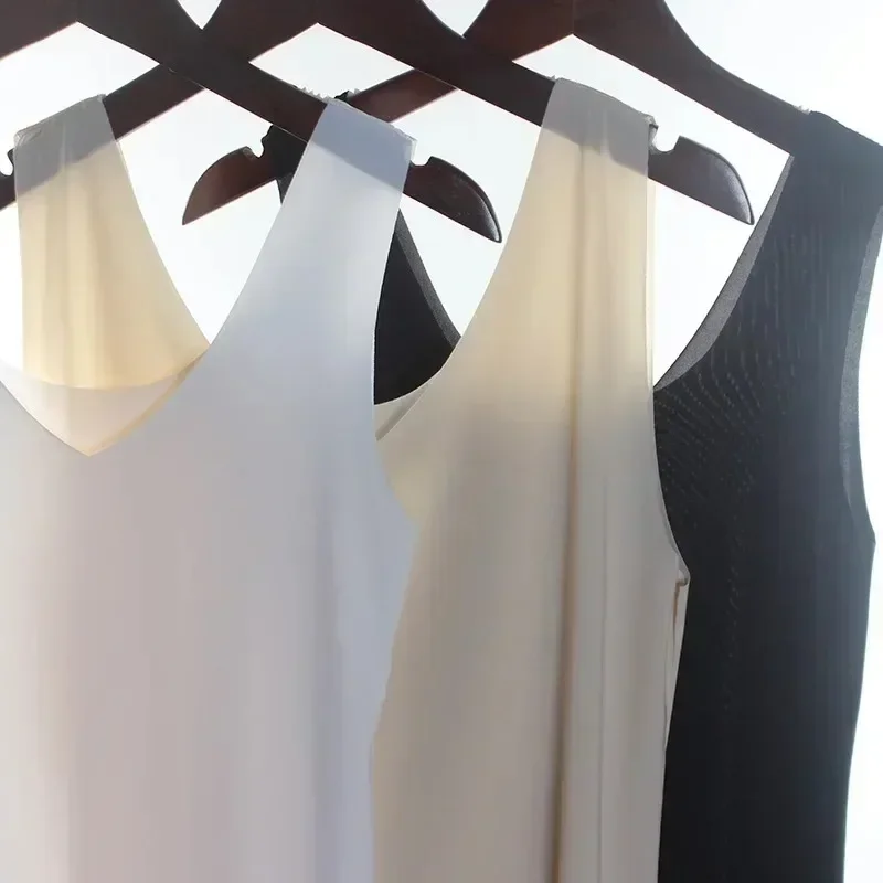Seamless Full Slips For Women Petticoat Underskirt Plus Size Sexy V Neck Sleeveless Ice Silk Ultra Thin Full Slips Dresses women full slip dress petticoat skirt