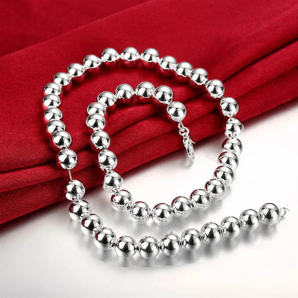 Gorące klasyczne 10MM gładkie koraliki łańcuszek 925 srebrne naszyjniki dla kobiet ślubne prezenty świąteczne luksusowa moda biżuteria