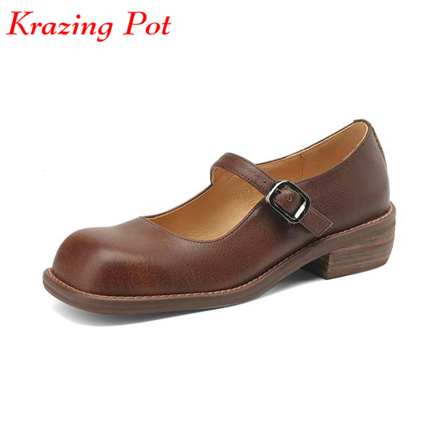 

Krazing Pot Cow Leather Thick Med Heels Spring Buckle Straps Square Toe Toe Mature Lady Dating Mary Janes Women Shallow Pumps