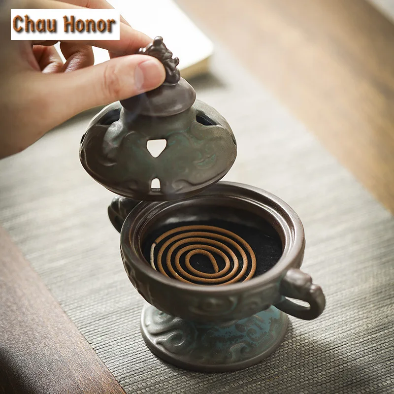 Antique Double Ear Bronze Pattern Ceramic Incense Burner Plate Art Sandalwood Furnace Zen Censer Burner Holder Home Decoration