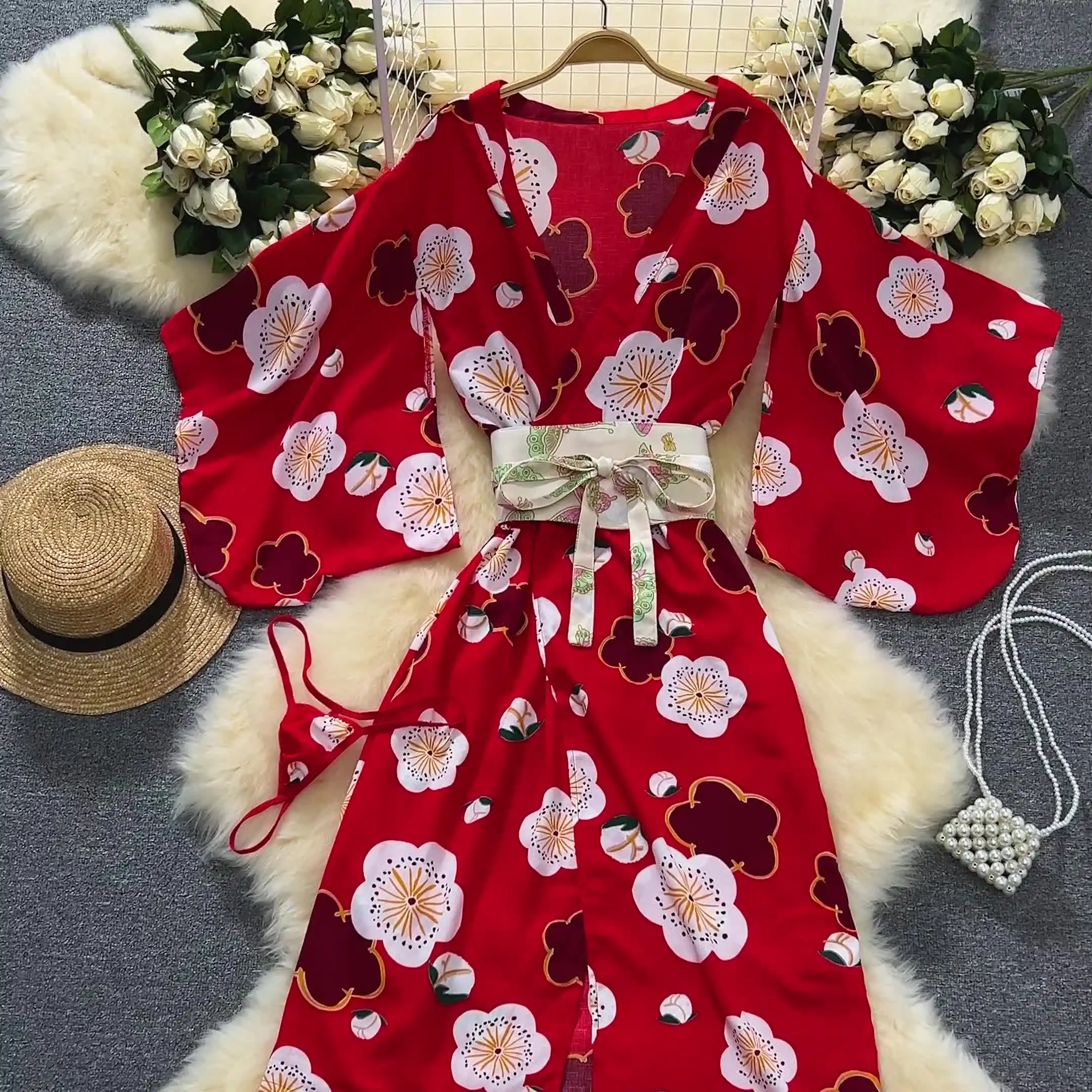 Unleash Seductive Elegance: V-Neck Red Kimono Cardigan Dress Perfect For Every Occasion! Unleash Seductive Elegance: V-Neck Red Kimono Cardigan Dress Perfect For Every Occasion!