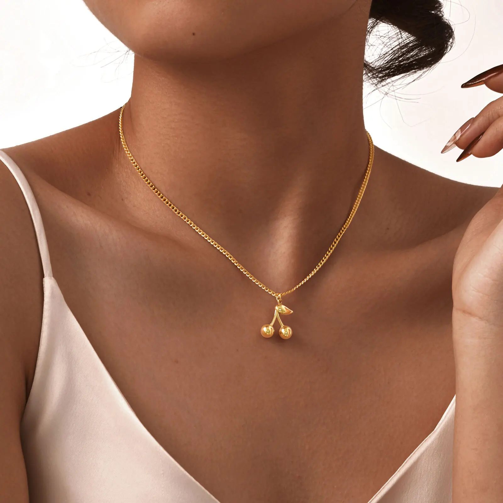 Prjewel Edelstahl Glatte Kirsche Anhänger Halskette Gold Farbe Obst Elemente Zubehör Kragen Für Frauen Mädchen Täglichen Schmuck – Detail 2