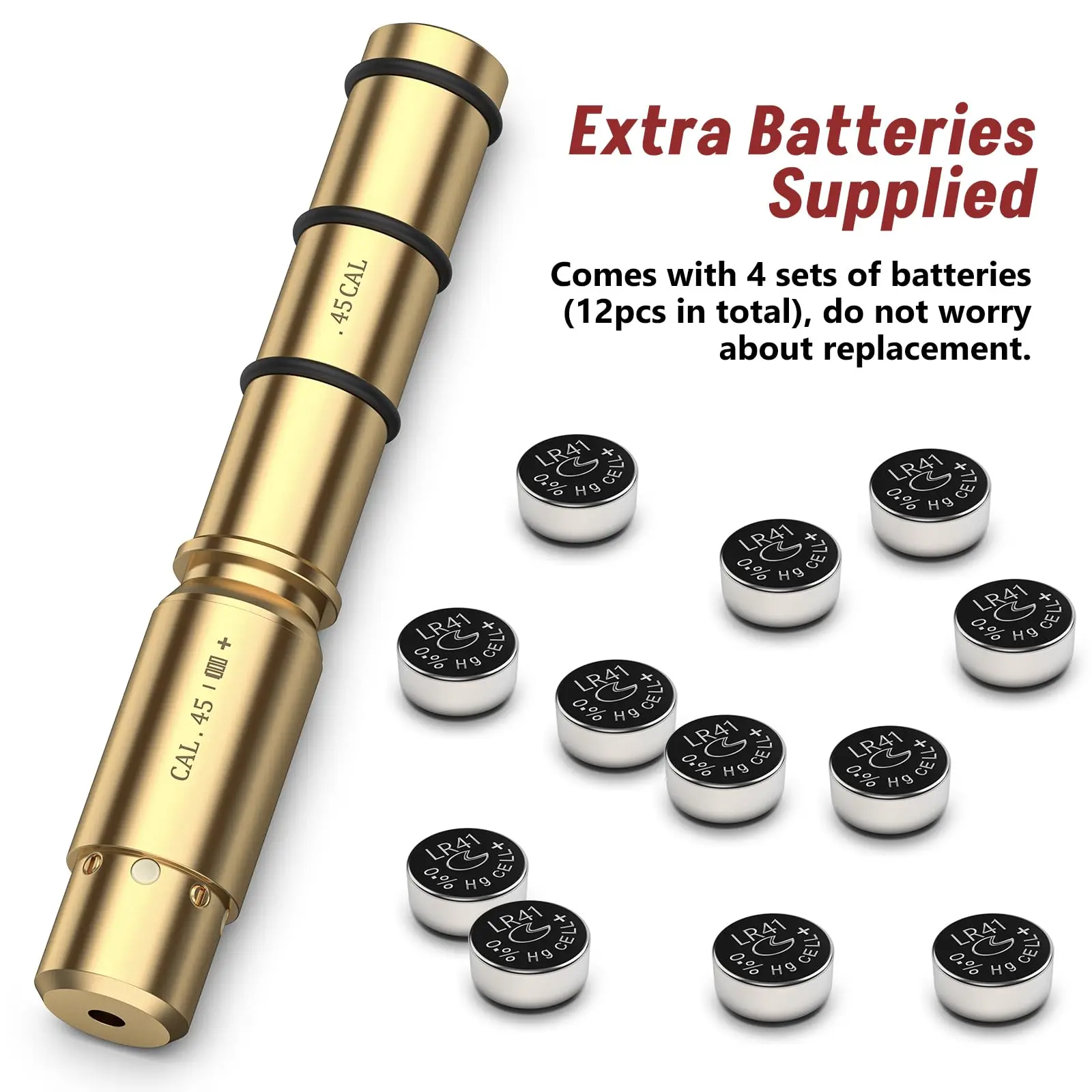 Red Laser Bore Sight For 45Cal End Barrel Brass Boresighter with 4 Sets of Batteries and Spare O-rings 3 sizes, each size of 4pc