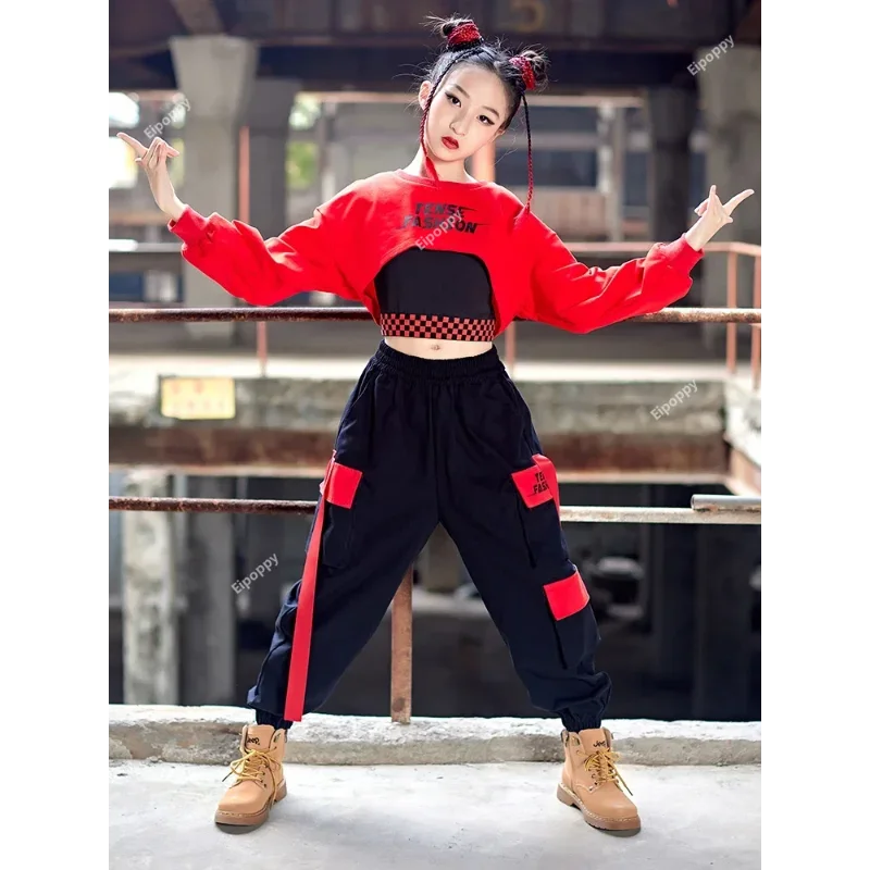 Teenage Fashion Streetwear, Stage Wear, Girls' Hip-hop, Jazz Dance, Red Crop Tops, Work Pants