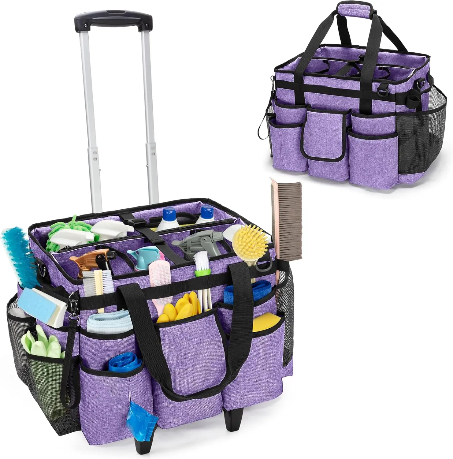 Rolling Cleaning Bag with Detachable Trolley, Portable Cleaning Cart on Wheels for Supplies,Professional Caddy