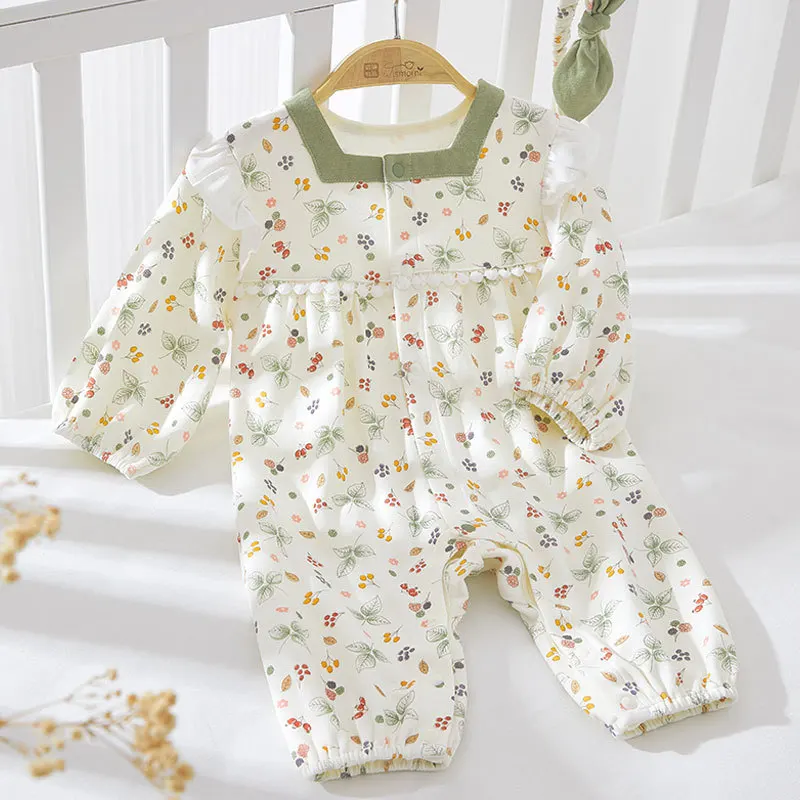 ثوب فضفاض للأطفال مريح من القطن نيسيي على الطراز ملابس زحف صغيرة مزهرة ملابس خارجية بياقة مربعة صغيرة عصرية