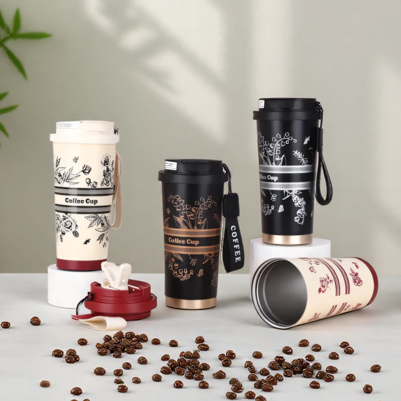 5D Printing Flower Stainless Steel Thermos Mug Portable Dual-Drink Coffee Mug Car Large-Capacity Straw Water Gift Cup 500ml