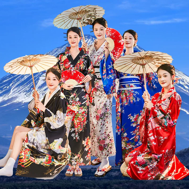 Japanese Women Fashion Tradition Yukata Silk Rayon Kimono With Obi Flower Vintage Cosplay Costume Evening Dress One size