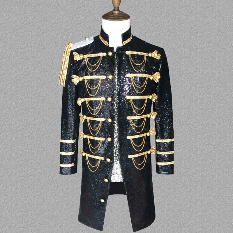 

Black Sequin Embellished Long Suit Jacket Men Stage Party Single Breasted Military Blazer Mens Singer Show DJ Costume Homme