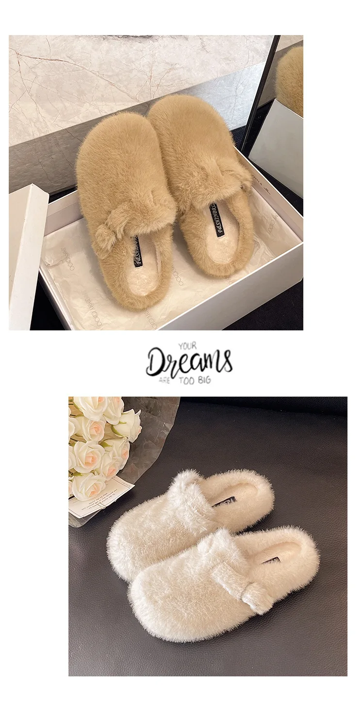 Luxuriöse, bequeme Damen-Hausschuhe aus Kunstfell, warme, flauschige Damen-Slipper, flache, rutschfeste Damen-Flipflops für drinnen – Detail 22