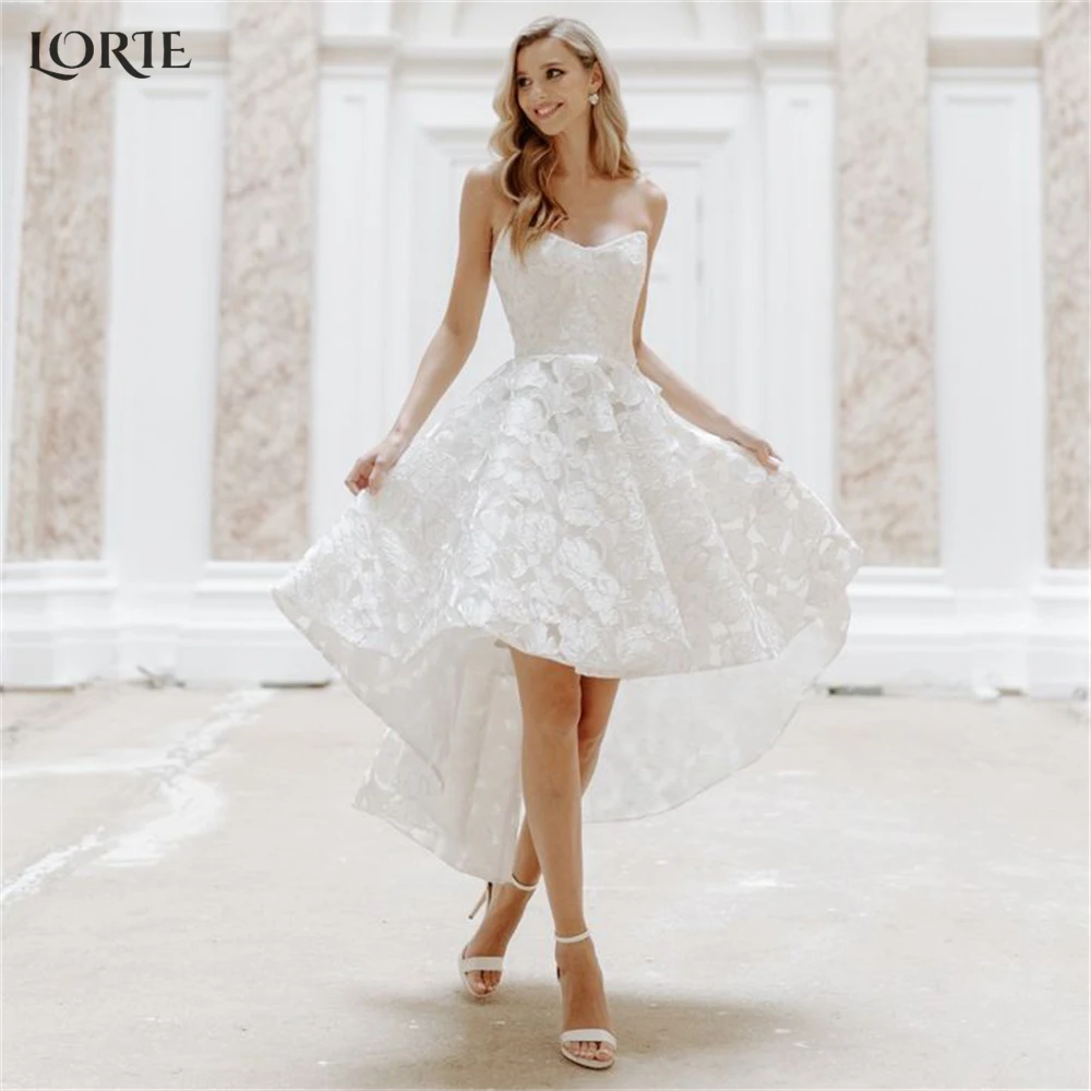 

LORIE High/Low Lace Wedding Dresses Off Shoulder Appliques A-Line Sweetheart Bridal Gowns Backless Bohemia Princess Bride Dress