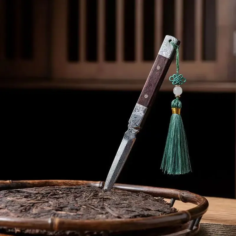 Zen Tea Knife Handmade Tea Needle Black Sandalwood Damascus Pattern Steel Puer Knife Set Accessories