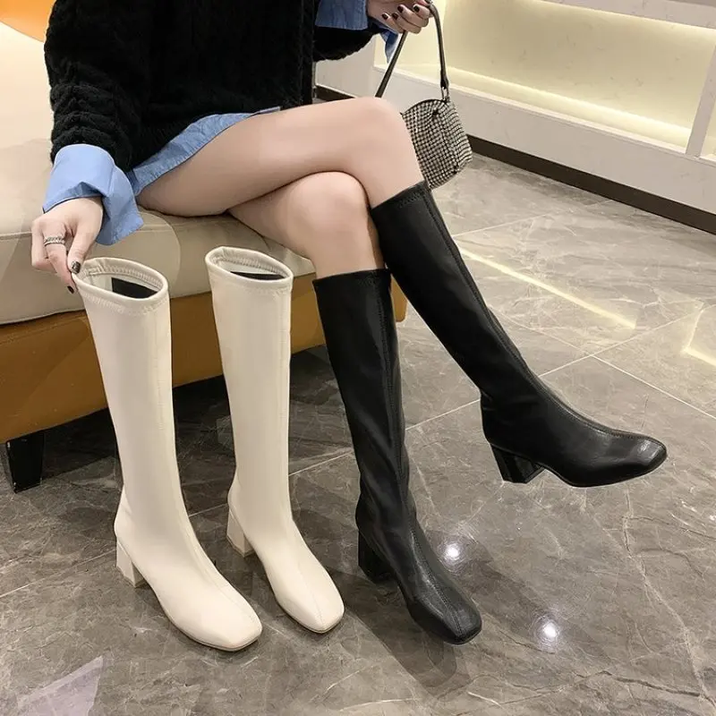 2024 New Knee-High Boots for Women Shoe Square Toe Back Zipper Buckle Thick Heel High Long Modern Knight Boots