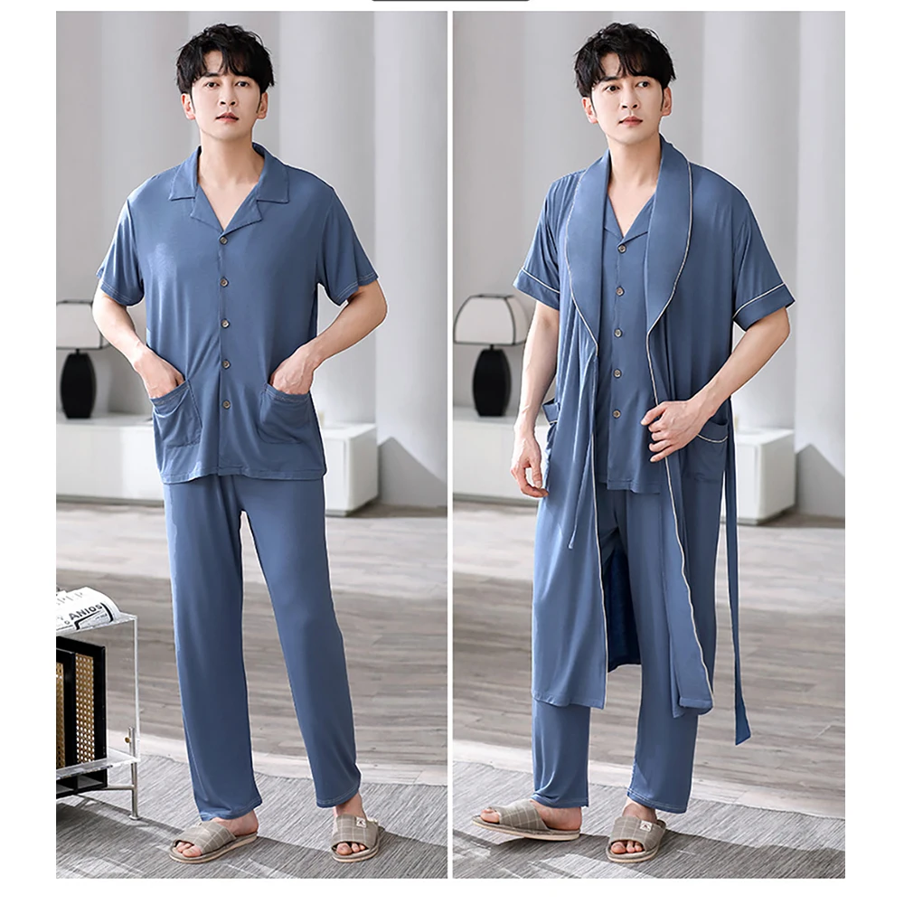 Spring Summer Modal Men 3pcs Solid Pajamas Set Big Size 4XL Man Long Bathrobe Short Sleeve Sleepwear+Elastic Shorts+Pajama Pants