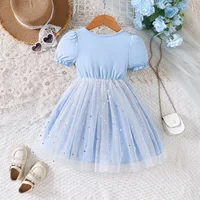 Robe en maille bleue pour petites filles, avec nœud en cœur et paillettes étoiles, robe de princesse quotidienne de Style doux, nouvelle collection printemps et été 2