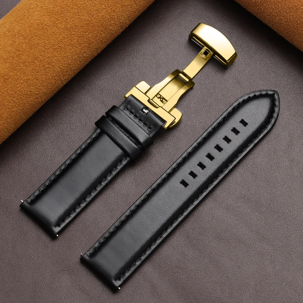 Luxurious Dark Brown Calfskin Leather Watchband with Butterfly Buckle