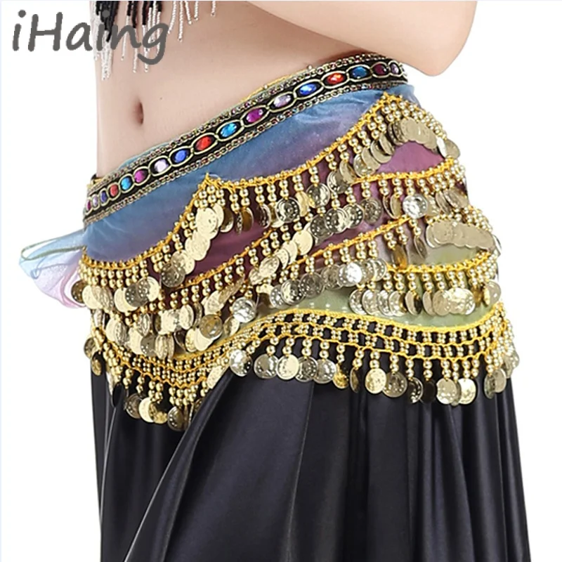 

Women Belly Dance Sequins Coins Lesson Wear Hip Scarf Practice Waist Belt Rave Outfit Wrap Towel Stage Costume Clothing Suit