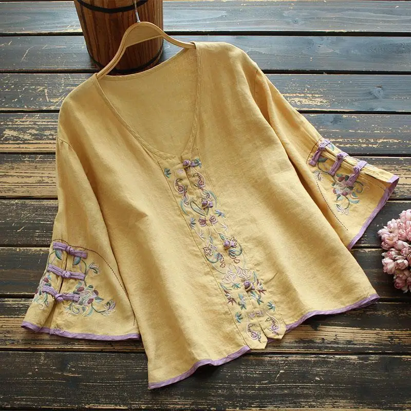 Women Chinese Shirt Traditional Embroidery Cheongsam Hanfu Loose T-shirt Thin Vintage