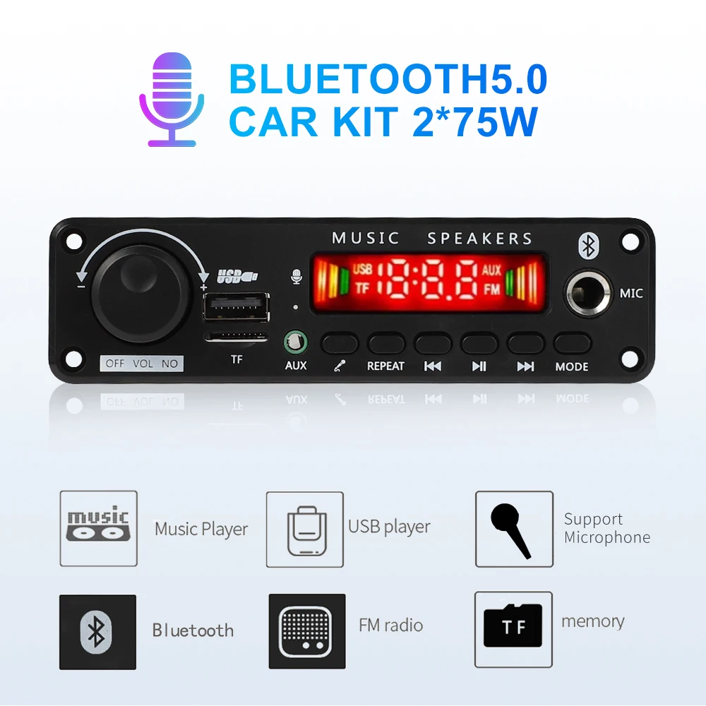 2x75W Amplifier Bluetooth MP3 Decoder Board DIY Wireless Car Audio Music Player 8V-26V Support Record with Remote Control