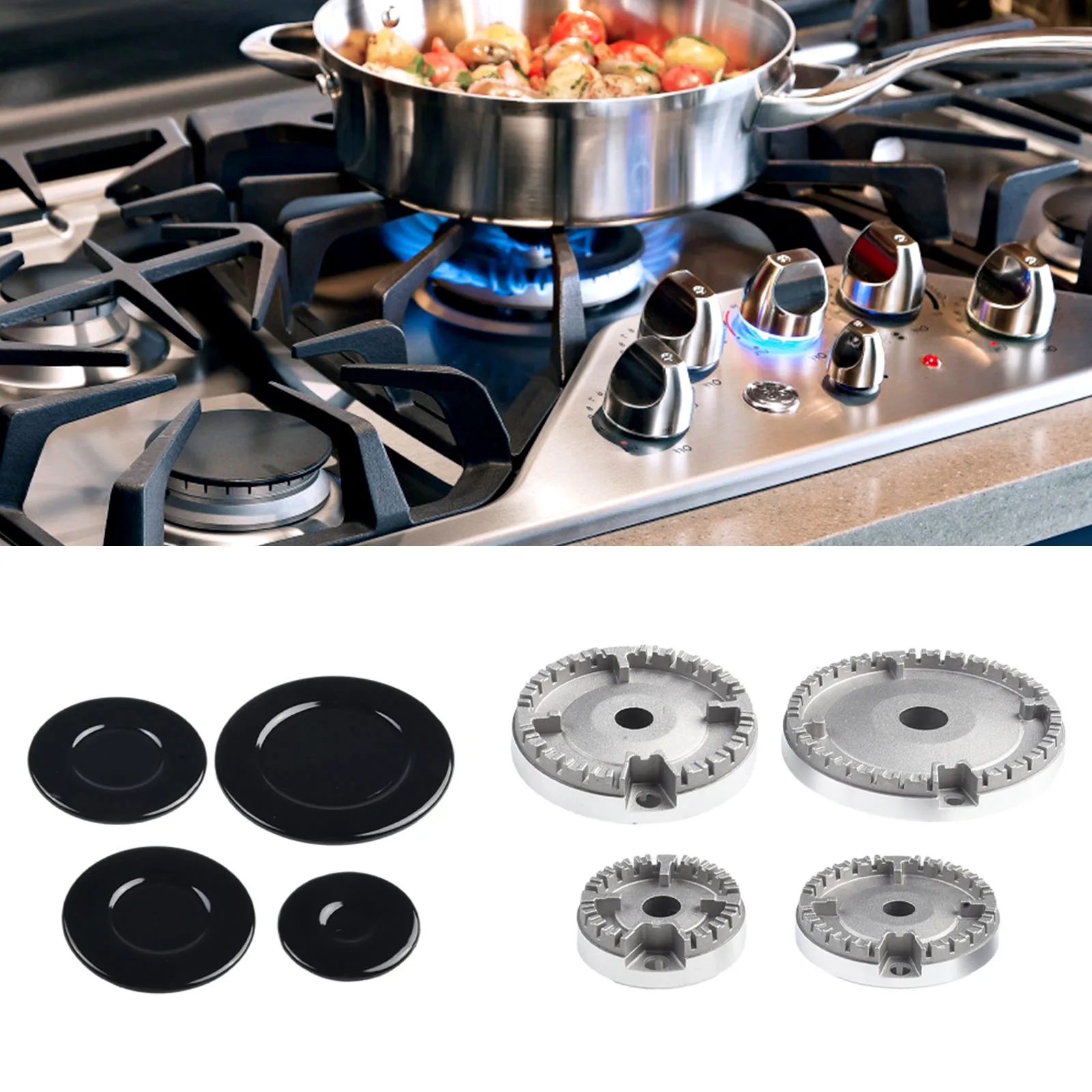 

Gas Stove Burner Lid Set Materials Ensures Durability And Performance Uniform Heat Distribution Easy To Clean After Cooking