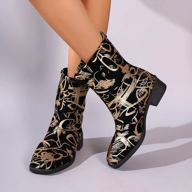 Winter Cowboy Boots Leather Pointed Toe Zipper Retro Print Design Thick Heel Rider Boots Casual Mid Calf Printed Women's Boots