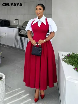 CM.YAYA Short Puff Sleeve Sweet Slim Long Women Shirt Dress High Waist Ruched Pleated Beach Streetwear Maxi Big Swing Dresses 1