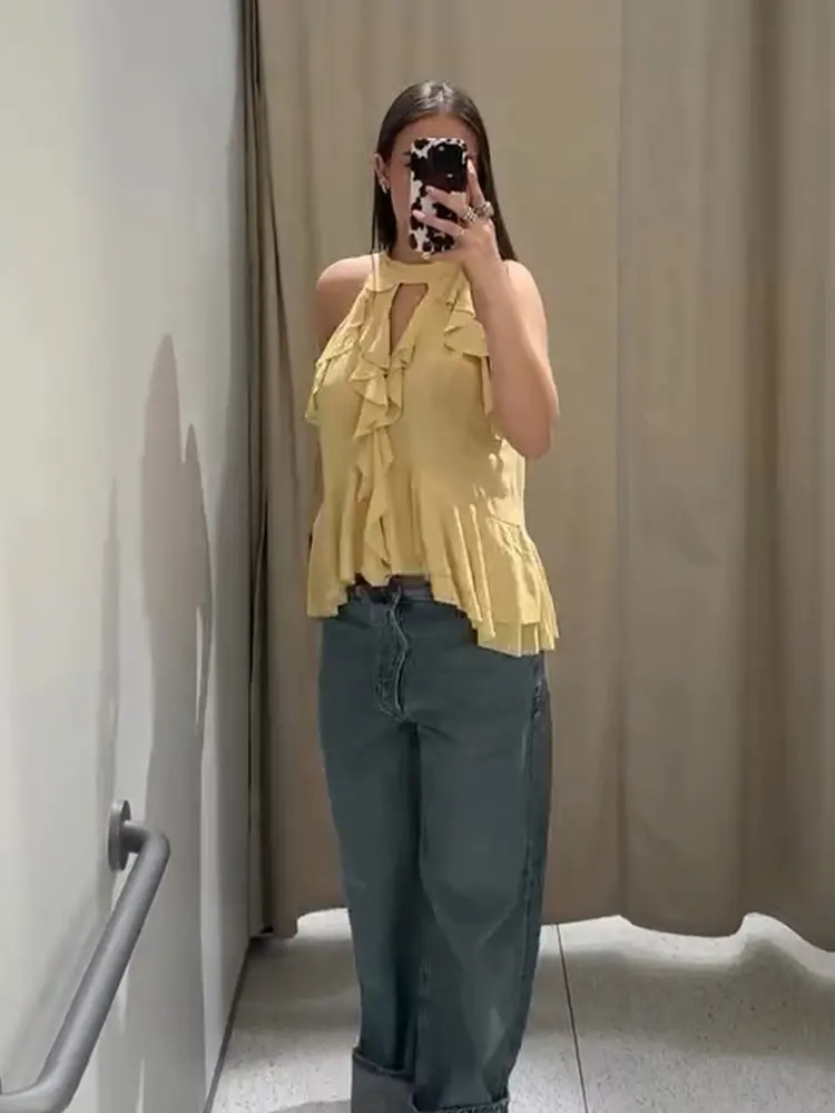 HH Women Elegant Yellow Ruffle Halter Tops Off Shoulder Sleeveless Back Lace-up Vests Tops 2025 Summer Casual Holiday Wear