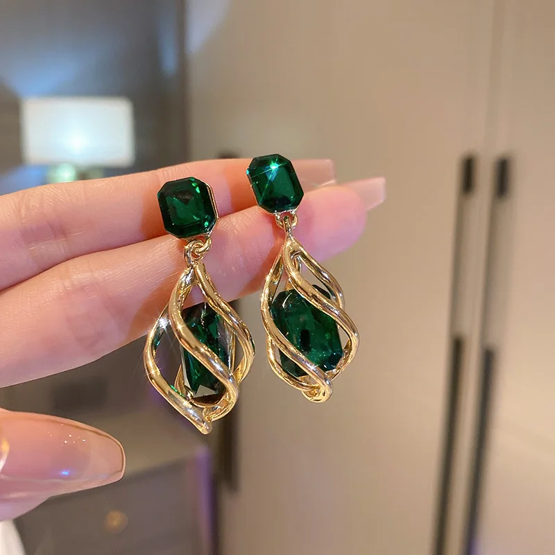 DREJEW Emerald Sapphire Rhinestone Crystal Earrings For