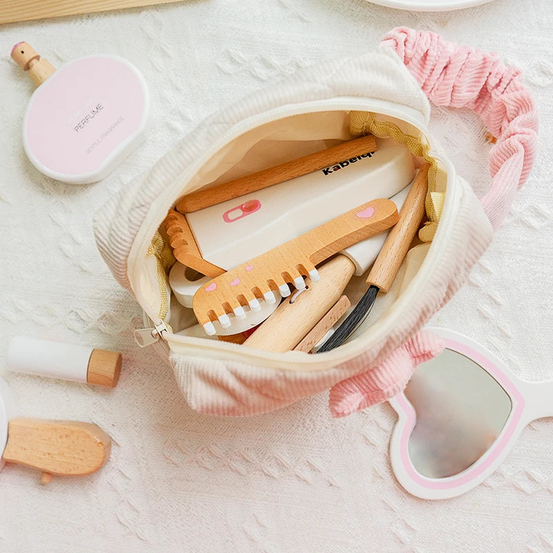 Wooden Pretend Play Makeup Toys Simulation Cosmetics Set Girls Play House Hairdressing Simulation Make Up Preschool Toys ﻿